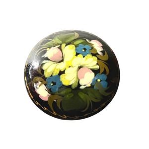 Vintage Signed Hand Painted Lacquered Russian Round Brooch